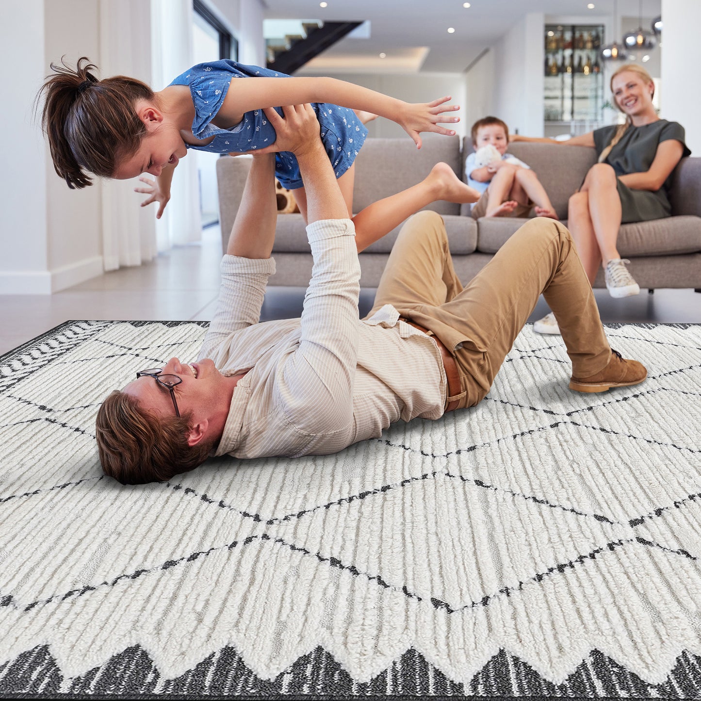 Step Collection High-Low Trellis Cream Anthracite Indoor Area Rug, 5'3''x7'6'', Modern, Contemporary, Geometric, Bohemian, Bedroom, Kitchen, Living Room, Non Shedding Carpet