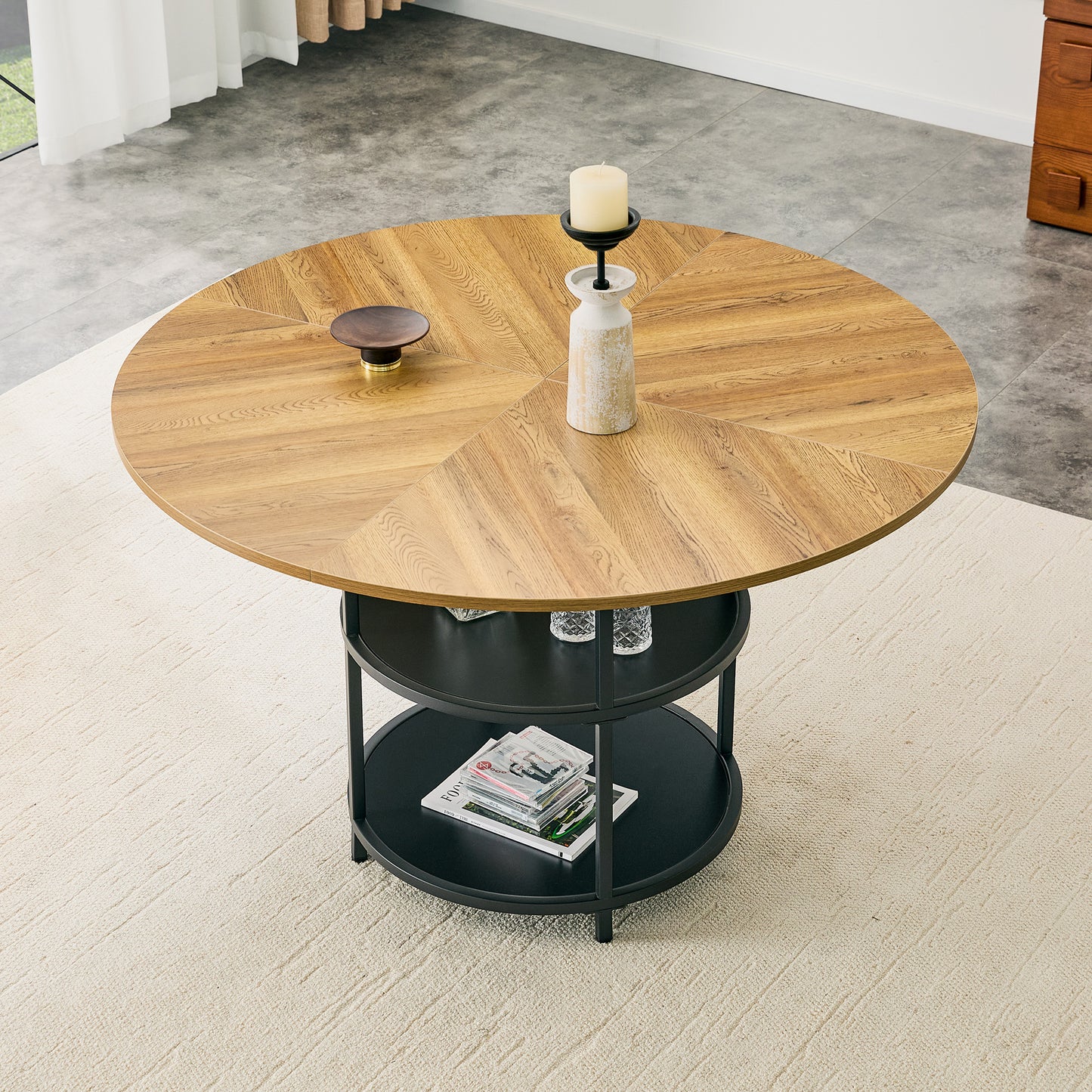 47.3-inch Diameter Modern Splicing Circular Dining Table - Double-layer Storage, Wood And Black Fan-shaped Diagonal Color Matching Design, Interpreting Home Aesthetics And Practicality.