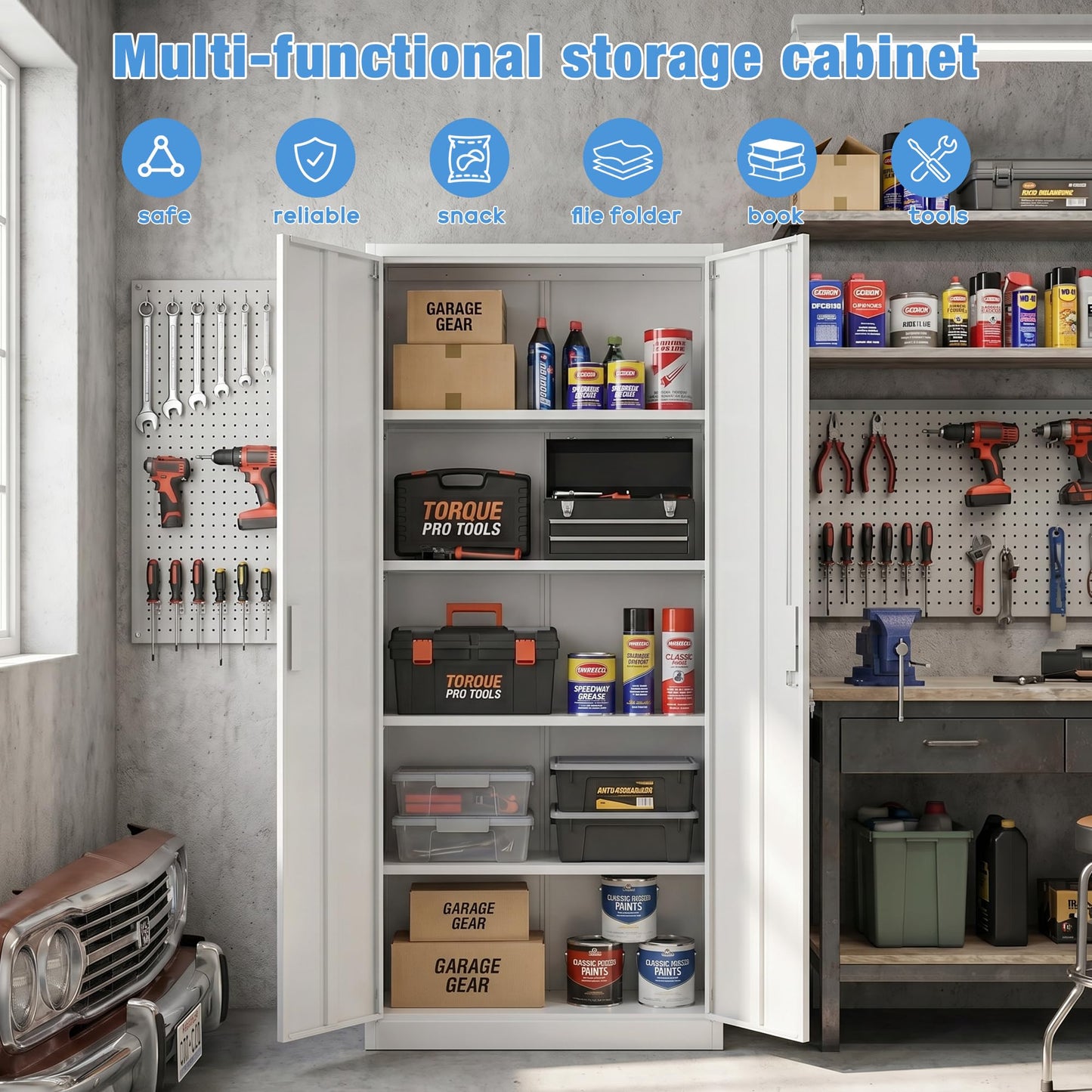Metal Garage Storage Cabinet, Lockable Steel Storage Cabinet With 4 Adjustable Shelves For Garage, Office, Home, Assembly Required, White