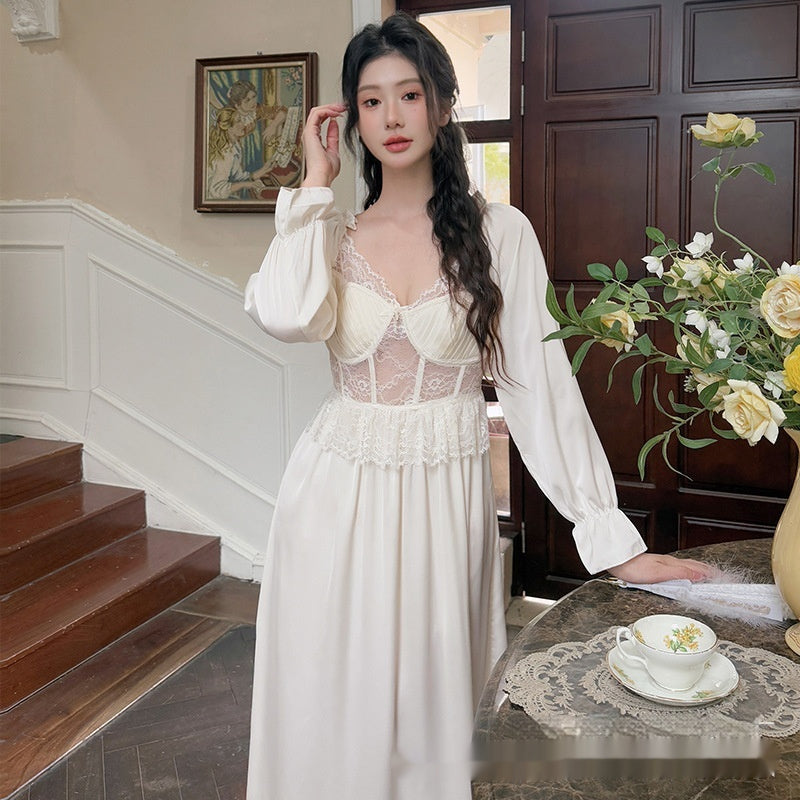 French Royal Style Sweet Beauty Artificial Silk Spring And Summer With Chest Pad Solid Color Long Sleeve Nightdress