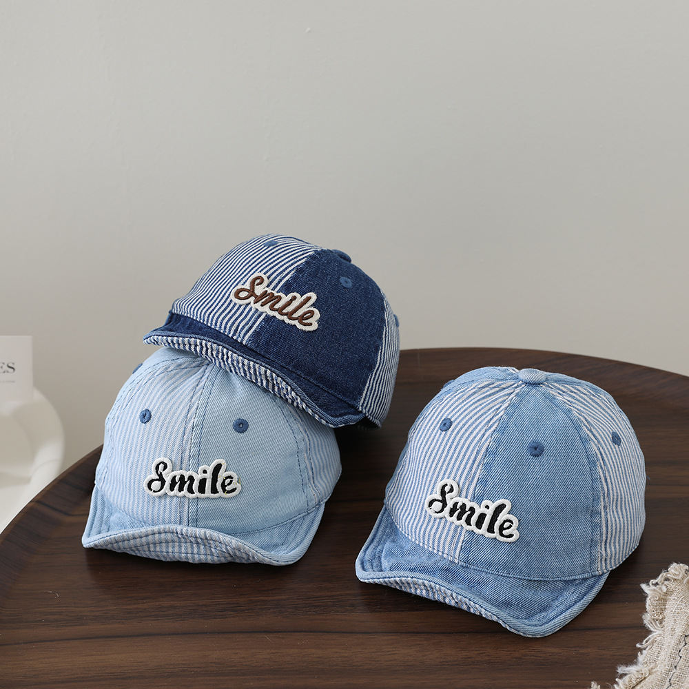 Patchwork Stripes Washed Denim Baby Beanie With Letter Patch Soft Brim Baseball Cap For Outdoor Versatile Casual Wear