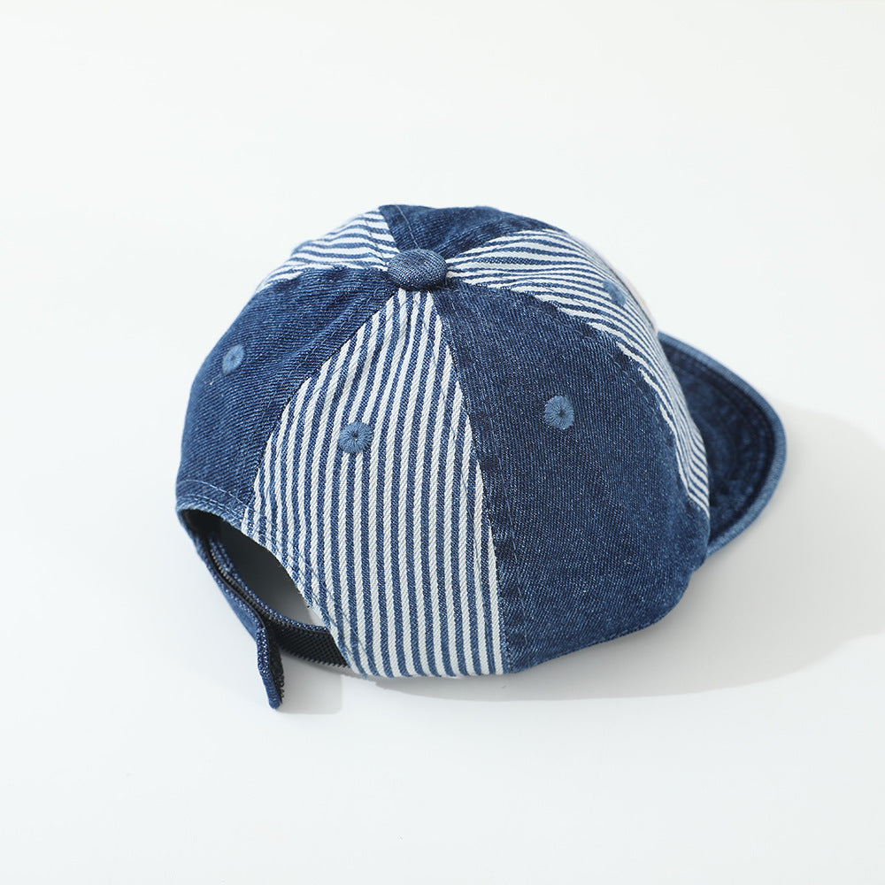 Children's Patchwork Striped Cartoon Bear Sewn Water-washed Distressed Fashion Casual Soft-brimmed Baseball Cap For Traveling And Shopping