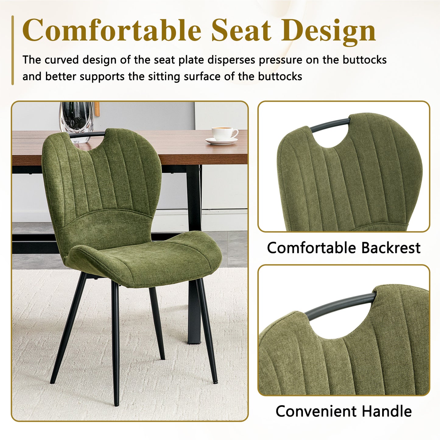 Set Of 4 Olive Green Fabric Dining Chairs With Integrated Handle.Black Metal Frame, Adjustable Leveling Feet. Home Dining Chairs With Extra-Wide Comfortable Cushion, Versatile For Study Or Vanity Use.