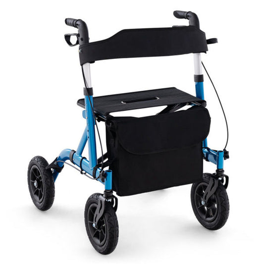 Outdoor Rolling Rollator Walker 9.5inch All-Terrain Wheels, 6-Level Adjustable 32inch-37inch, Foldable, Padded Seat, Storage Bag Umbrella Holder