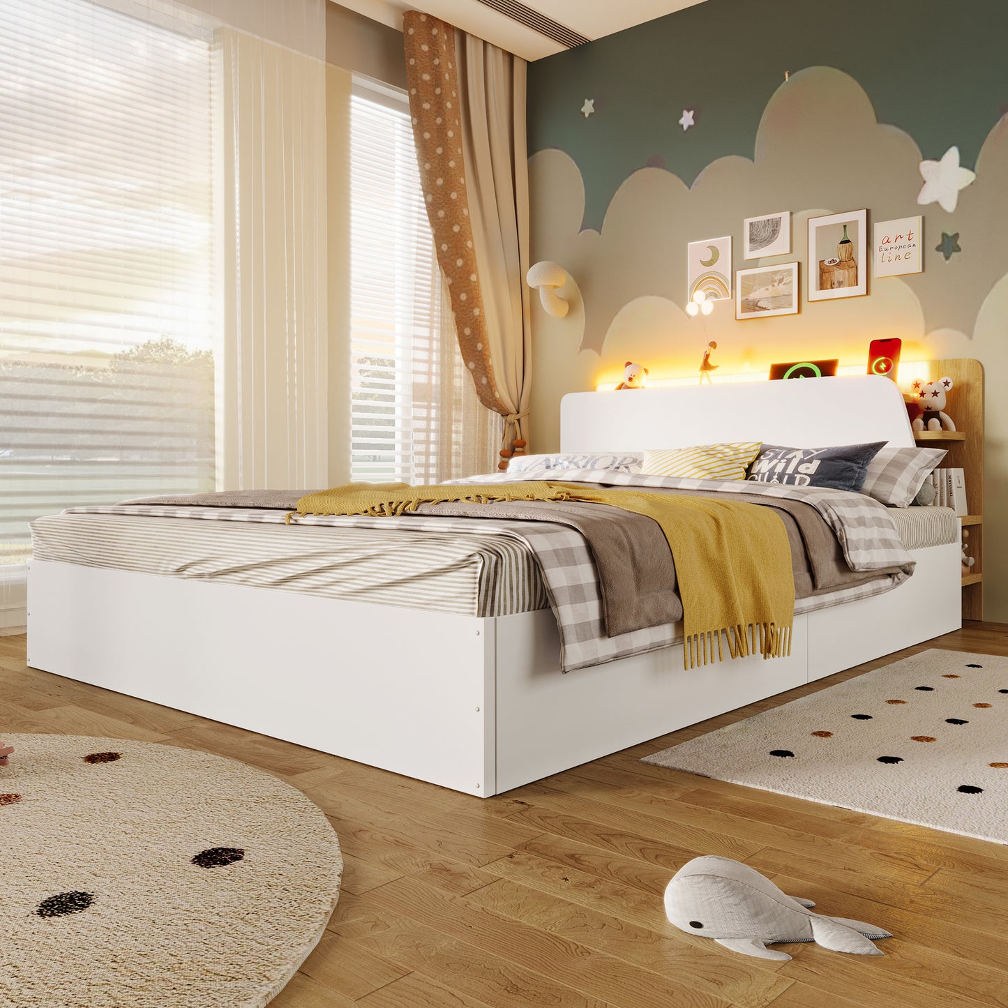 Panel Bed, 140x200cm, Hydraulic, With USB Type-C Charging, LED Lighting, Push-button App, Without Mattress, Multifunctional Storage, White  Natural