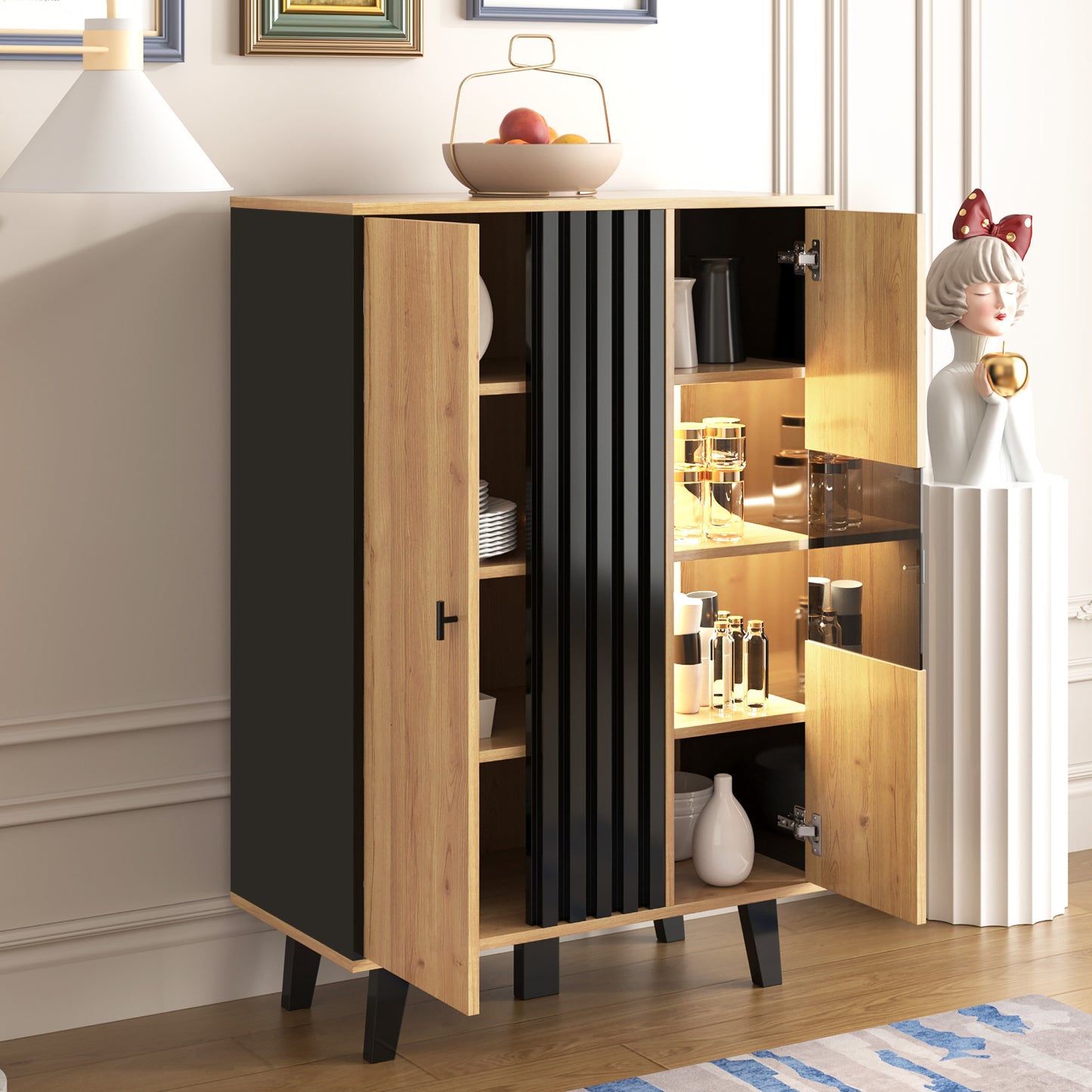 Side Cabinets, Sideboard, Display Cabinets With Glass And LED Lighting. Includes Laminates, A Combination Of Black And Wood Colors, Unique Black Wood Strip Design  OLD SKU WF313229230SAA