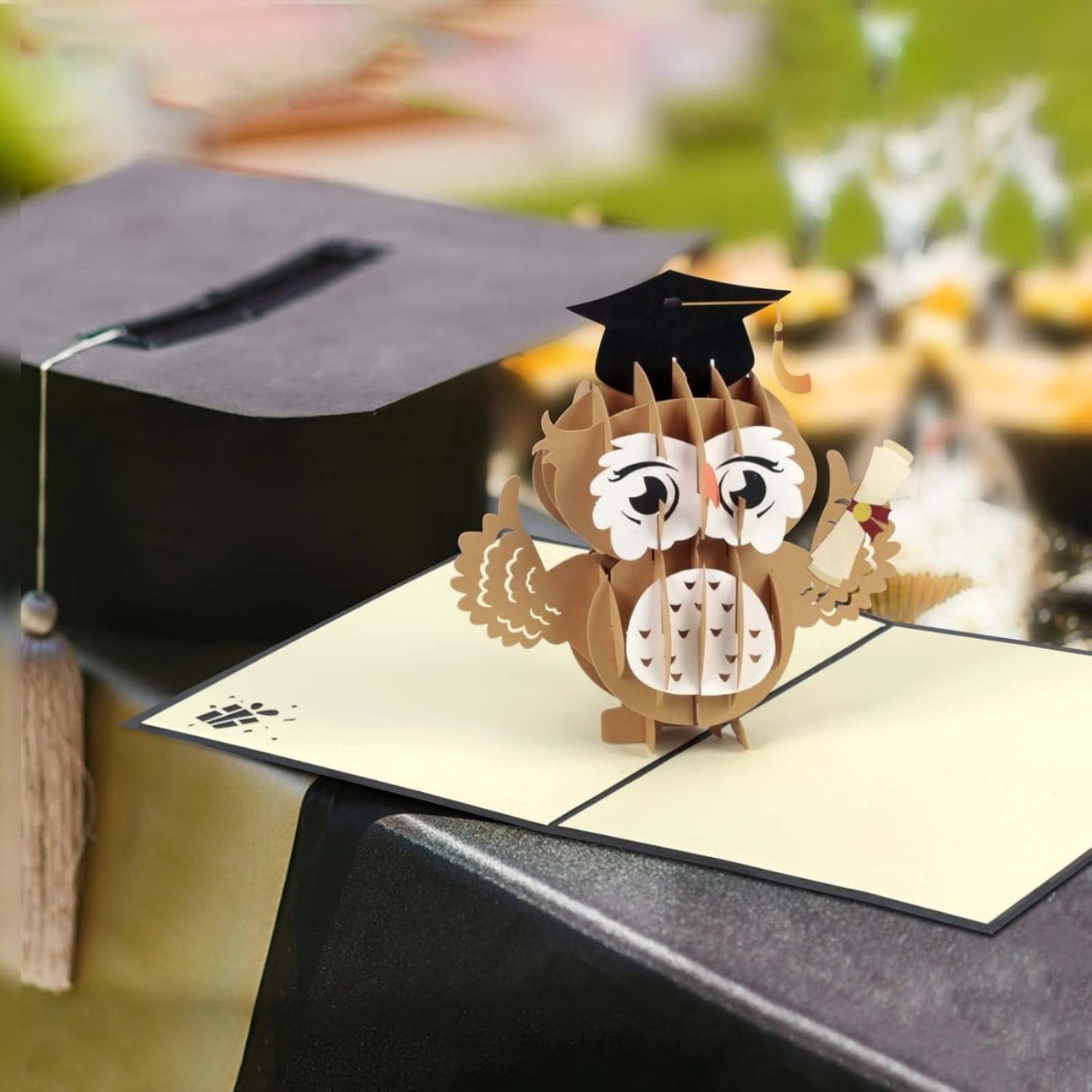 3D Pop-Up Greeting Card With Owl Design—Special Black Card For Graduation Celebrations And Congratulations—Party Supplies Set