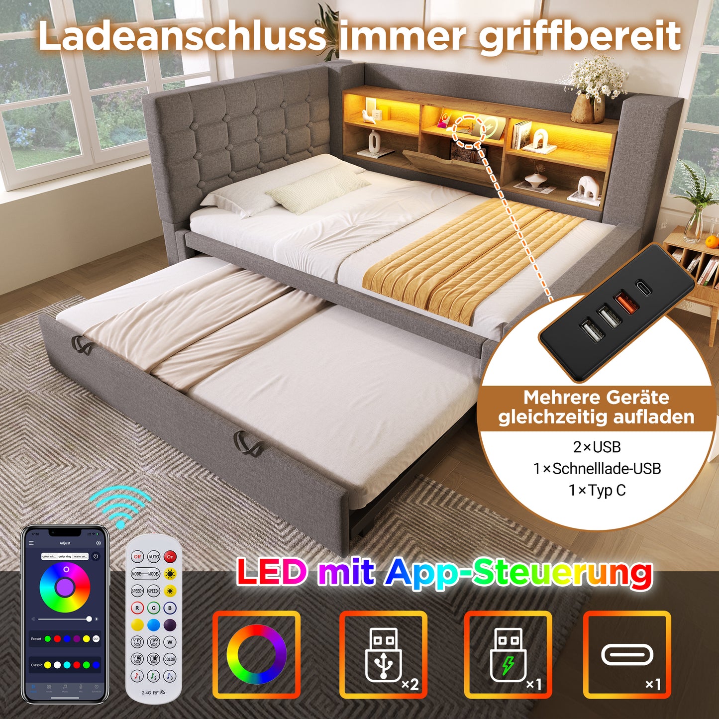 Upholstered Bed Bed 90x200 Cm With Pull-out Bed 90x190, And LED Lighting,Struraum Bed, L-shaped Headboard With Storage, Can Be Mounted On Both Sides, Slatted Base, Linen, Grey  Without Mattress