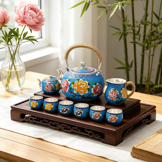 925 Sterling Silver Blue Enamel Floral Tea Set with Bamboo Handles - Handicraft