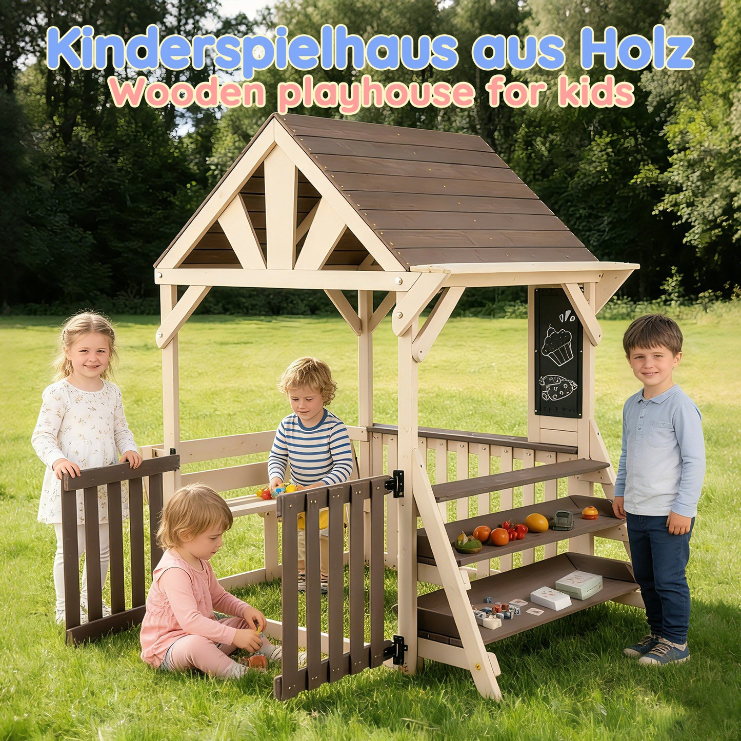 House-Shaped Outdoor Wooden Kitchen Playset With Rainproof Roof And Half-Height Railings, With A Multi-Purpose Plant And Toy Shelf, Suitable For Children 3 Years And Older, Outdoor Playhouse  Grey