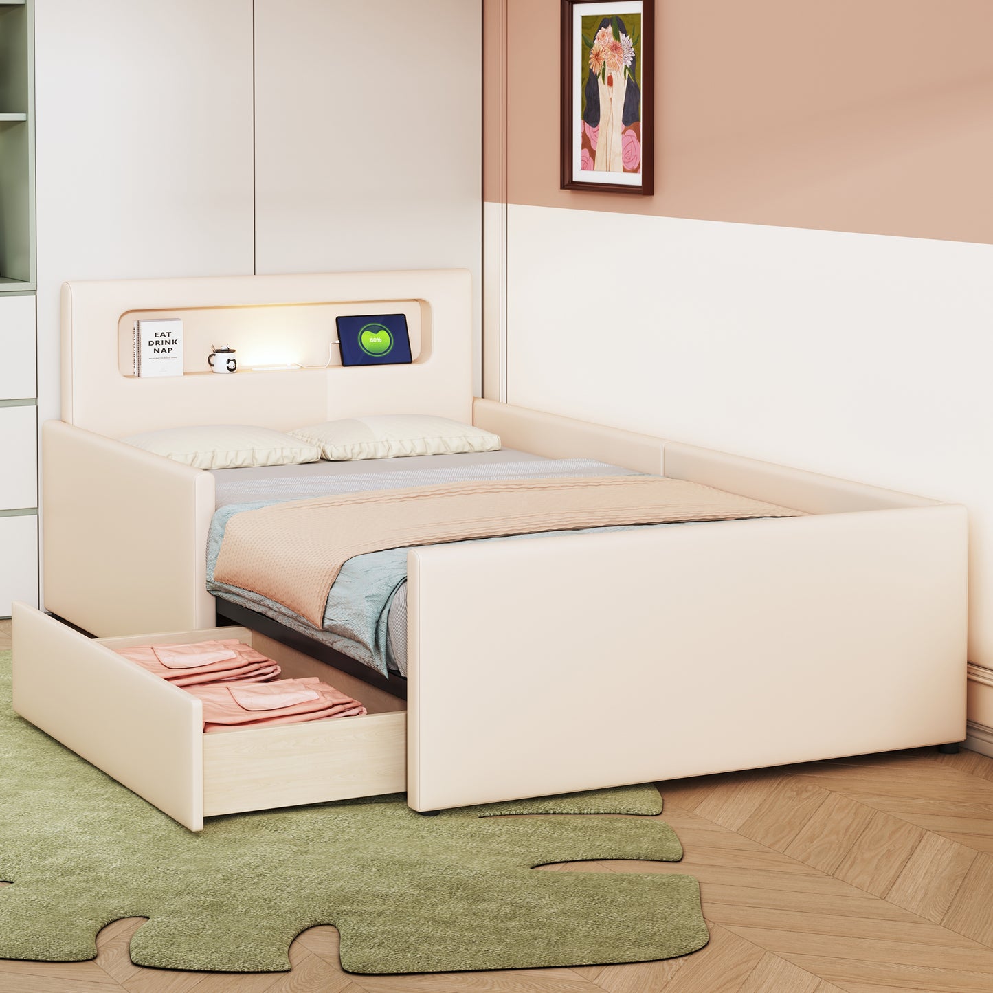 Upholstered Bed Children's Bed 90X200 Cm, With Night Light And USB Charging Port, With Storage Compartments, Raised Side Panels For Security, Simple Single Bed, Boy And Girl Bed, Faux Leather Fabric,