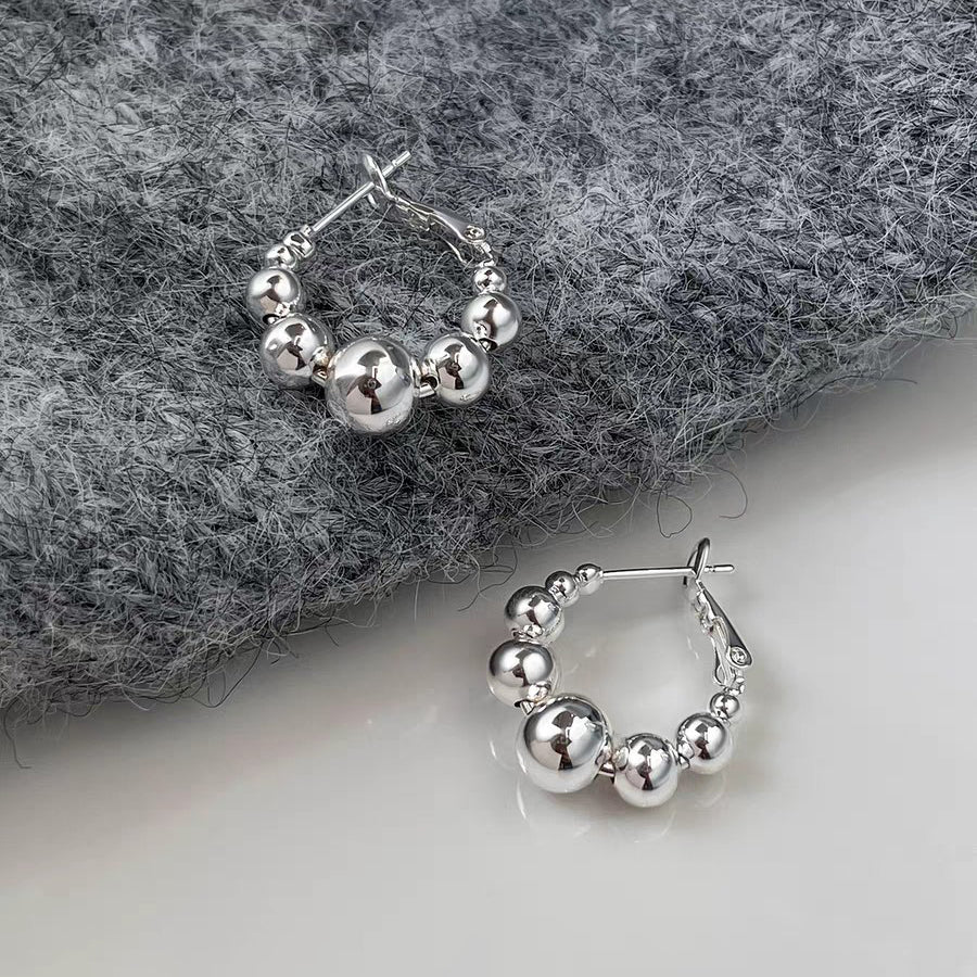 1 Pair 999 Sterling Silver Gradient Bead C-shaped Hoop Earrings, Minimalist Elegant Style, Perfect For Daily Wear & Valentine's Gifts