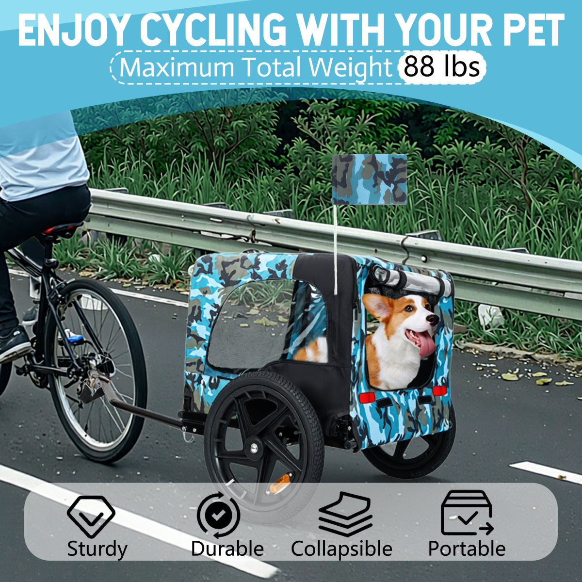 Outdoor Heavy Duty Collapsible Pet Bike Trailer With 16-Inch All-Terrain Wheels & Universal Hitch - Foldable Dog Cargo Carrier Cart For Bicycles, Blue Black