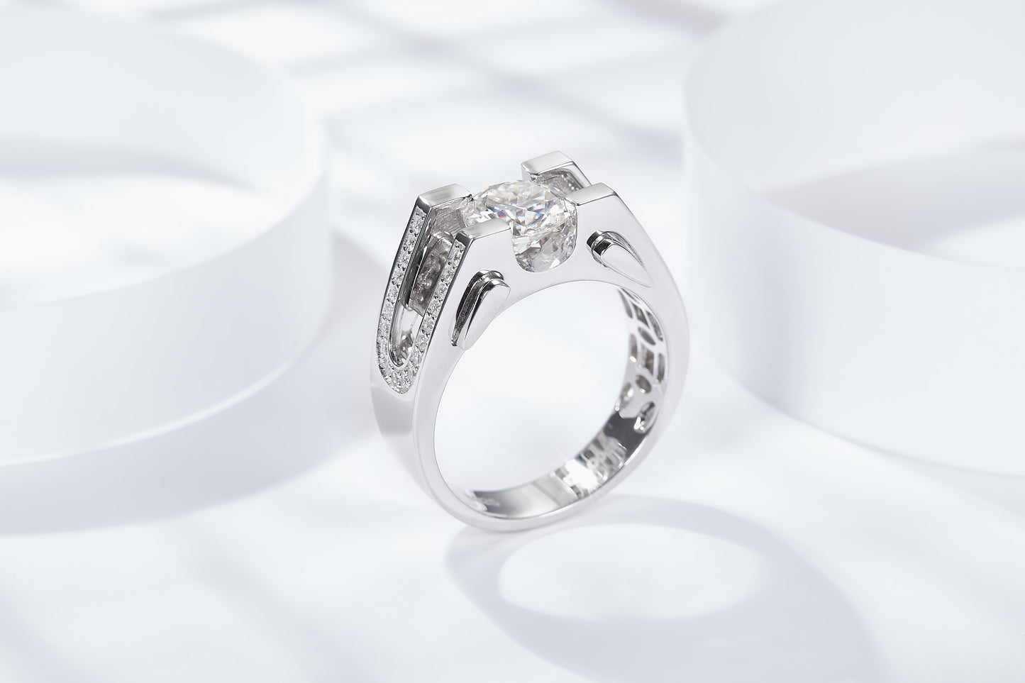 S925 Sterling Silver 1&2ct Moissanite Ring, D-VVS1 Geometric Double-Band Design, Platinum Plated, US Sizes 5-9, GRA Certificate Gift Box