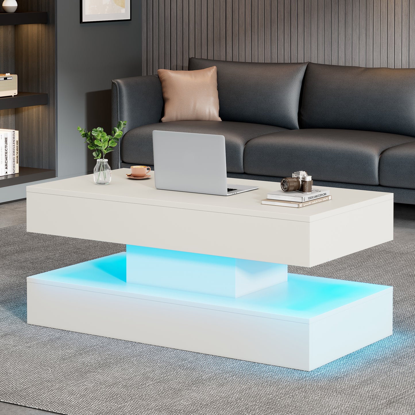 Modern Coffee Table With LED Lighting And Hidden Storage - Side Table With Hydraulic Lift, 100x50x42 Cm, 50 Kg Load