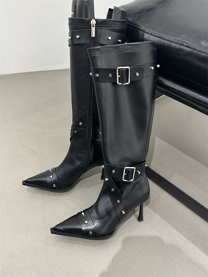 Women's Pointed Toe High Heel Knee-High Knight Boots, 2026 New Autumn Winter Slim Fit Boots, Vintage Studded Boots With Belt Buckle