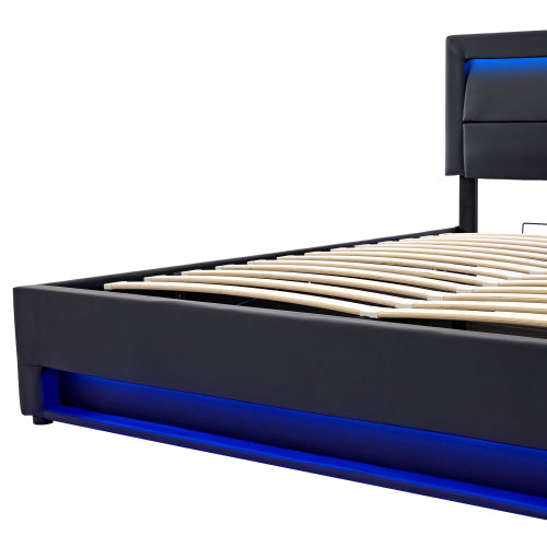 Upholstered Bed 135 X 190 Cm,Double Bed-4ft6,with USB Port  Supports Wireless And Wired Charging, With LED Lighting And Storage Space, Without Mattress, PU-Lychee Design, Black