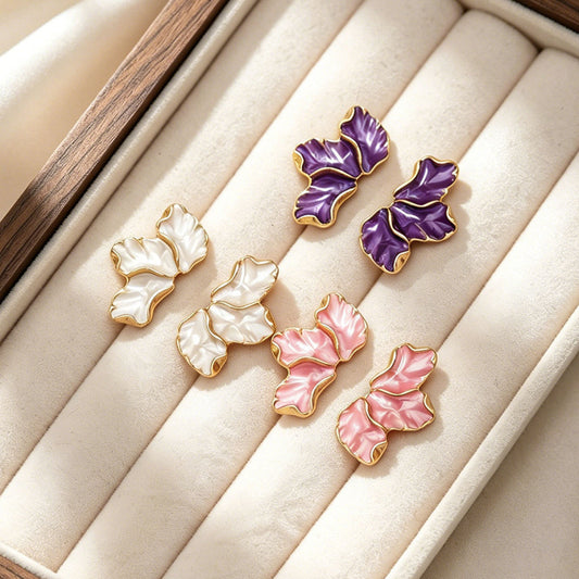 New Enamel Three-leaf Petal Stud Earrings, Versatile Elegant Niche Unique Light Luxury Premium Texture Ear Jewelry For Women