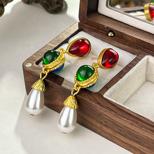 S925 Sterling Silver Vintage Enamel Earrings Women Colorful Cubic Zirconia Studs Elegant Fashion Jewelry