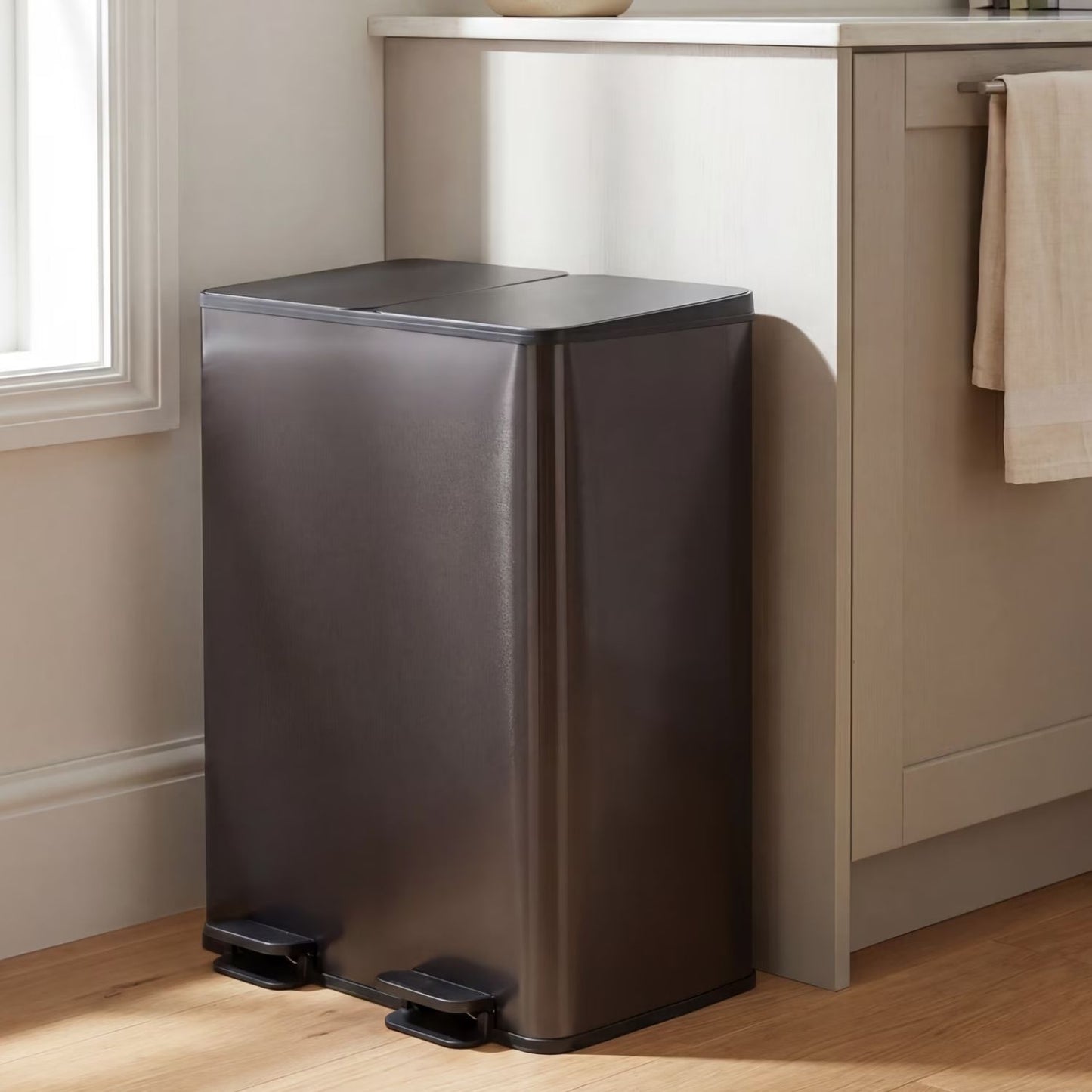 Dual Bin Trash Can, Foot Pedal Kitchen Recycling Bin, Soft-Close Lid And Removable Inner Buckets, Fingerprint-Proof