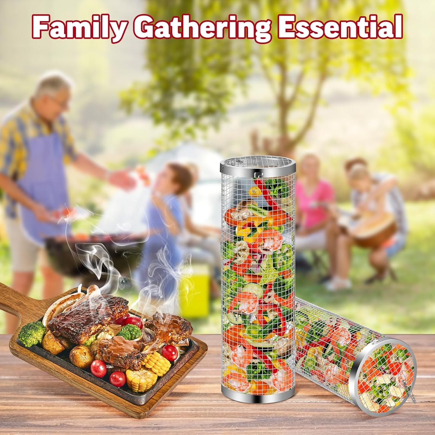 Rolling Grill Basket Grill Gifts For Men, 304 Stainless Steel, All-in-One Grilling Accessories For Vegetable Meat Food, Smoker BBQ Tools For Cooking Camping, Dad Husband Birthday Gifts