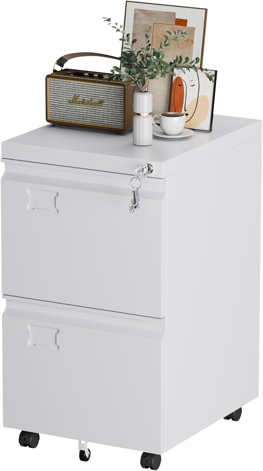 2 Drawers Mobile File Cabinet, Metal Under Desk Cabinet With Lock, For Office & Home, Legal Letter Size, Assembly Required White