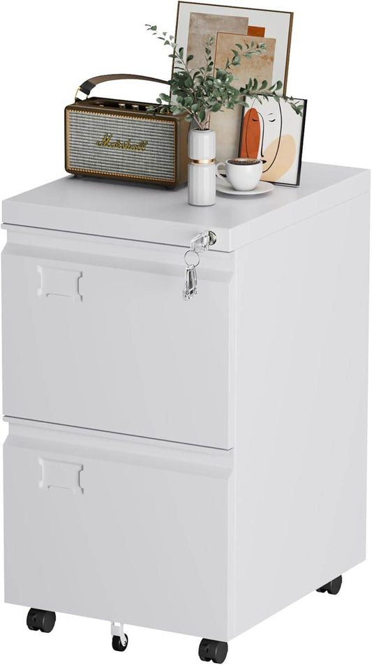 2 Drawers Mobile File Cabinet, Metal Under Desk Cabinet With Lock, For Office & Home, Legal Letter Size, Assembly Required White