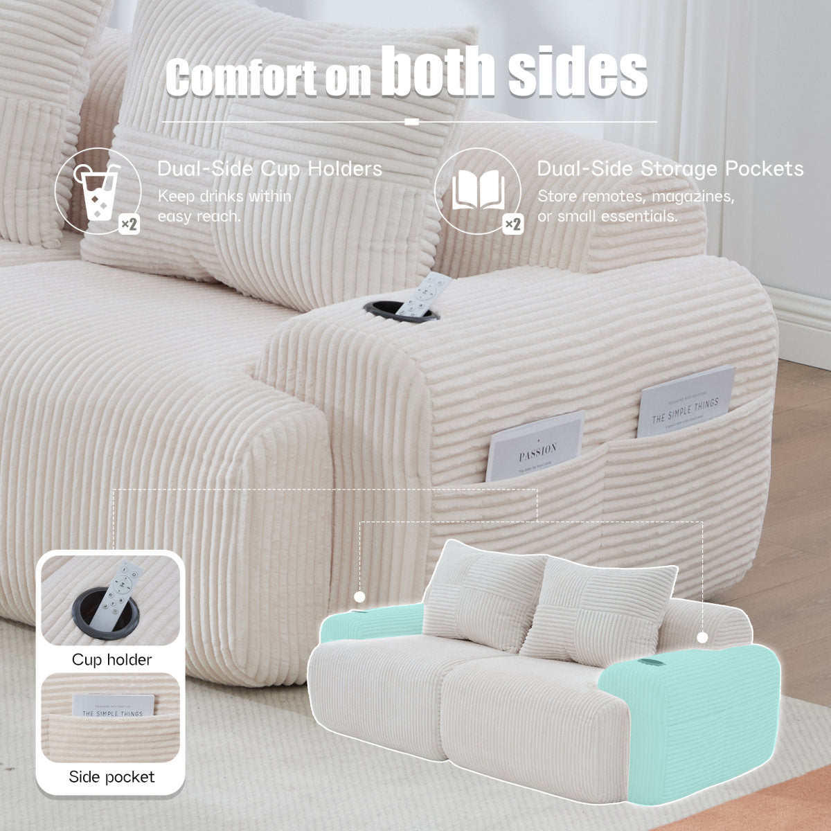 Modular 2-Seater Corduroy Sofa, Freely Configurable And Vacuum-packed, Featuring Built-in Cup Holders And Side Storage Pockets. Ideal For Living Rooms, Family Rooms, And Other Spaces. Beige.