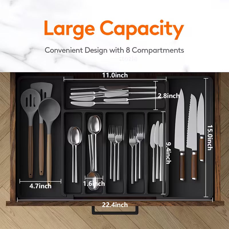 Expandable Utensil Tray For Kitchen, BPA Free Flatware And Cutlery Holder, Adjustable Plastic Storage For Spoons Forks Knives