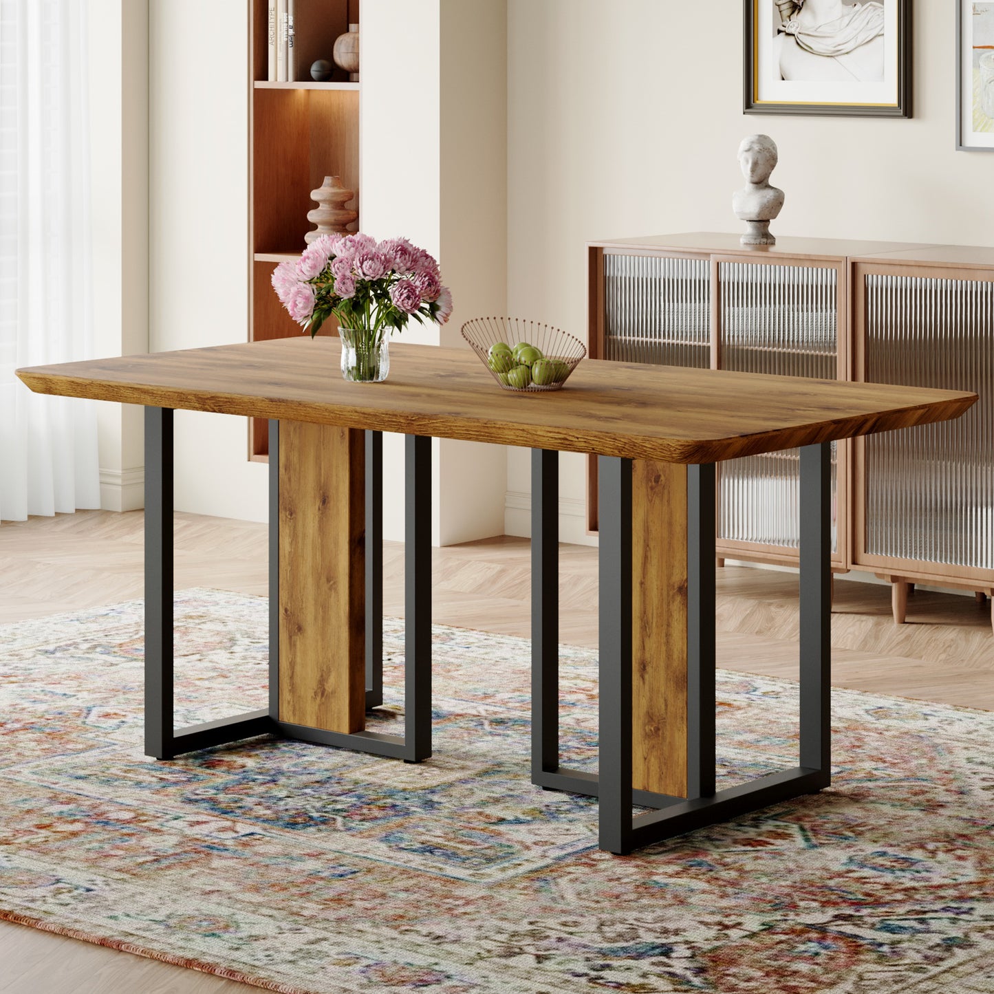 Modern Minimalism And Luxurious Wood Rectangular Patterned Dining Table. The Computer Desk. Dining Tables Are Used In The Dining Room, Living Room.67 X36 X30 Density Board Sticker,Iron Pipe Spraying,