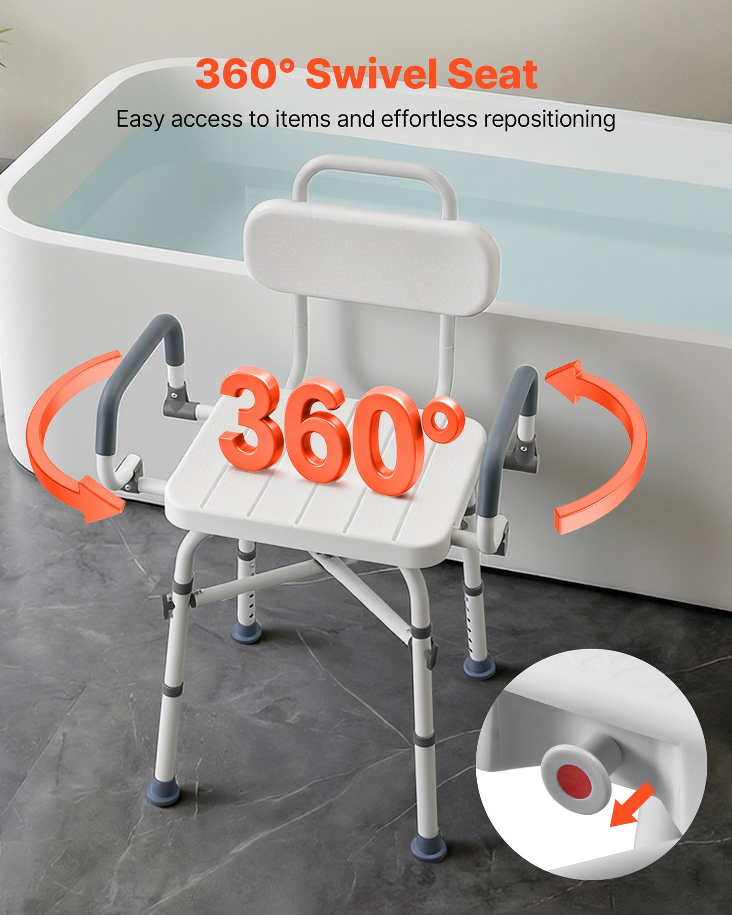 Swivel Shower Chair With Arms And Back, 500 Lbs Heavy Duty Bench Seat For Inside Shower Stall And Bathtub, Height Adjustable Bathroom Bath Tub Seat For Adults, Seniors, Elderly And Disabled