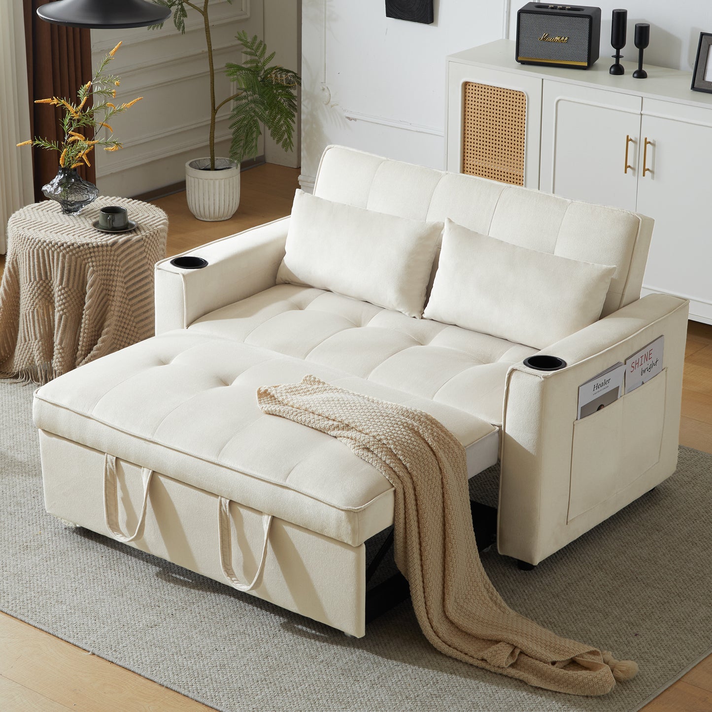 Folding Sofa Bed, Multifunction Sofa With Sleeping Function, Sofa Bed With Cup Holder And Pillows, Suitable For Living Room, Bedroom, Home Theater Apartment