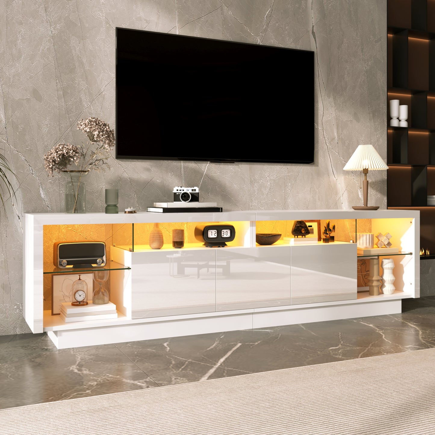 Modern TV Cabinet With Three High-gloss Doors, Transparent Glass Compartments Made Of PB, Multi-coloured LED Ambient Lighting That Can Be Controlled Via App
