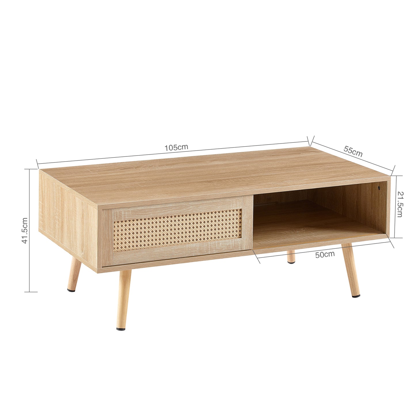 Wicker Coffee Table, Tea Table With Sliding Doors, Solid Wood Legs, Modern Living Room Table, Natural Color-H40 W1050 D55 Cm