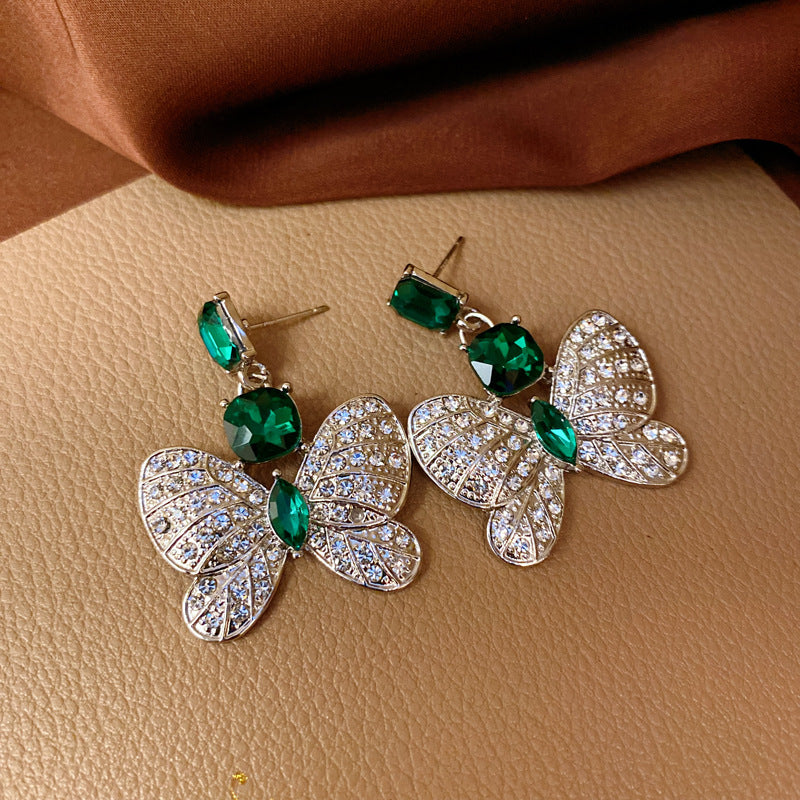 Emerald Rhinestone Butterfly Earrings For Women S925 Silver Post Pearl Drop Vintage Gift