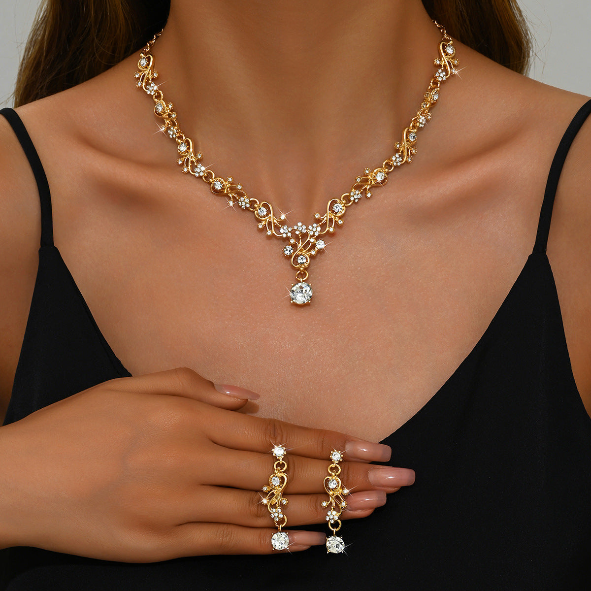 Cross-Border Bridal Jewelry Wedding Jewelry Two-Piece Set Wedding Dress Accessories Rhinestone Leaf Earrings Necklace Set For Women
