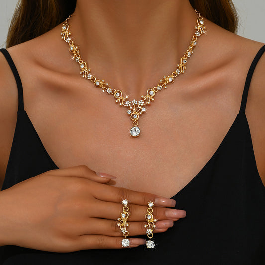 Cross-Border Bridal Jewelry Wedding Jewelry Two-Piece Set Wedding Dress Accessories Rhinestone Leaf Earrings Necklace Set For Women