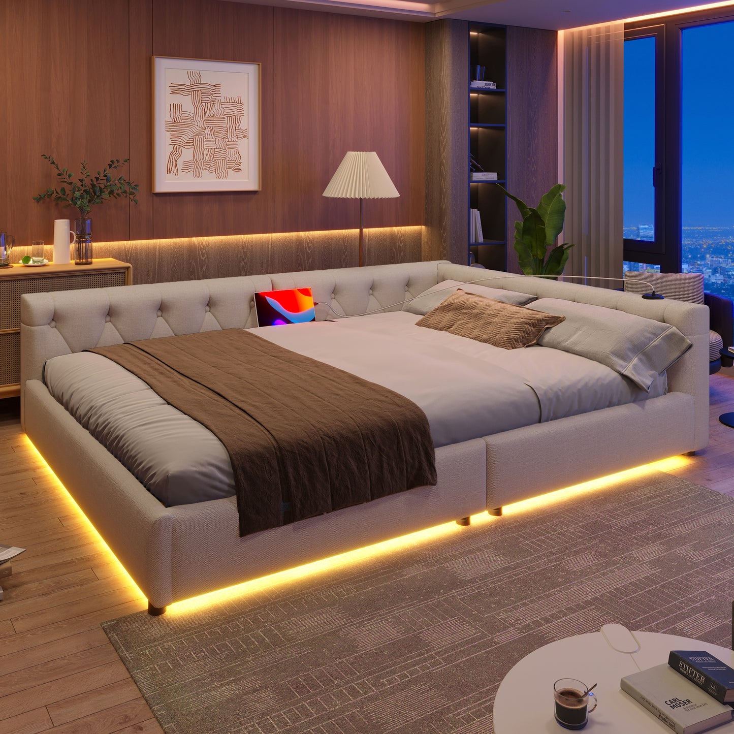 WX001034AAA Sofa Bed, Daybed, Daybed, 140x200cm, Sofa Bed With Slatted Base  Without Mattress , Ambient Lighting With Remote Control, Headboard With Button Tuft, Usb Type-c, Linen, Beige