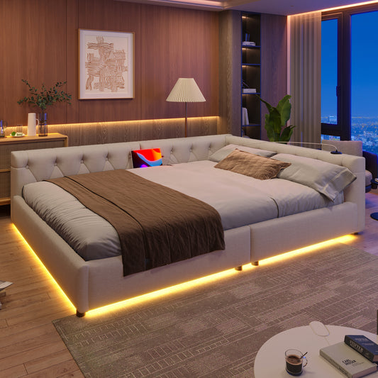 WX001034AAA Sofa Bed, Daybed, Daybed, 140x200cm, Sofa Bed With Slatted Base  Without Mattress , Ambient Lighting With Remote Control, Headboard With Button Tuft, Usb Type-c, Linen, Beige