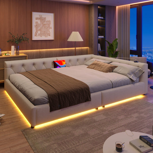 WX001034AAA Sofa Bed, Daybed, Daybed, 140x200cm, Sofa Bed With Slatted Base  Without Mattress , Ambient Lighting With Remote Control, Headboard With Button Tuft, Usb Type-c, Linen, Beige