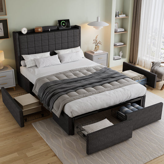 Upholstered Bed, 4ft6 Double Bed 135x190cm, Storage Bed, Soft Backrest, 4 Drawers With Pulleys, Metal Under-bed Bracket, With Bed Slats, Charging Port,For Adults & Teenagers, Linen, Grey   No Mattress