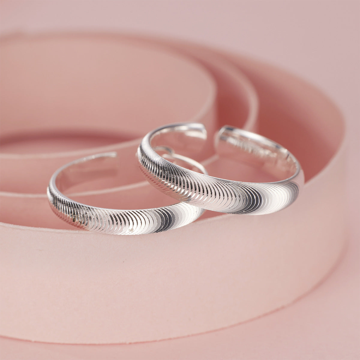 999 Fine Silver Cat Eye Brushed Ring Simple Plain Band Gift Jewelry   2pcs Set