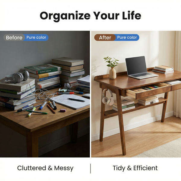 Solid Wood Writing Desk, Home Office Desk For Small Spaces, Mid Century Modern Desks With 2 Drawers & Storage Shelf, Standing Desk With Side Hooks For Study, Bedroom, Office  Walnut
