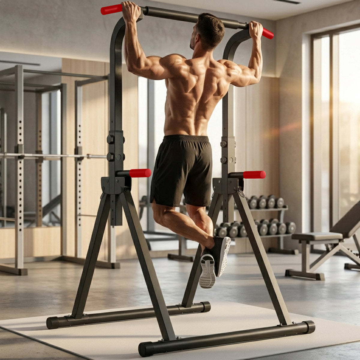 Foldable Pull Up Bar Standing Power Tower - Multi-Function Dip Station, 6-Level Adjustable Height Strength Training Fitness Equipment For Home Gym, 440lbs Max