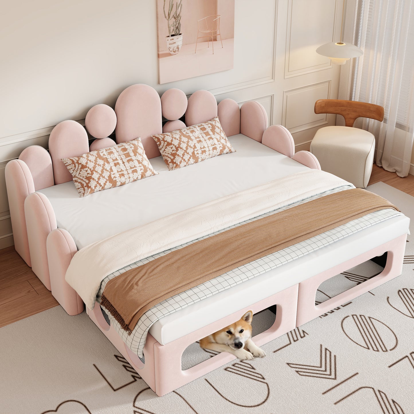 Upholstered Sofa Bed With Pet Bed, 2-in-1 Multifunctional Upholstered Bed 180x200cm, Upholstered Bed With Soft Velvet Fabric, Slatted Base And Backrest, Pink.
