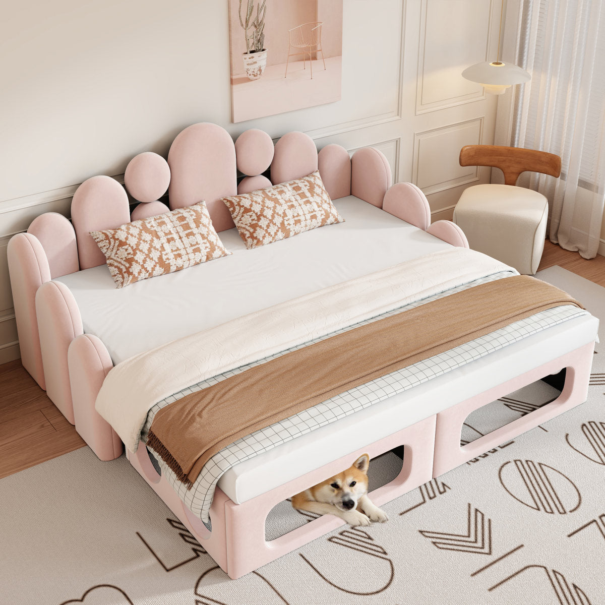 Upholstered Sofa Bed With Pet Bed, 2-in-1 Multifunctional Upholstered Bed 180x200cm, Upholstered Bed With Soft Velvet Fabric, Slatted Base And Backrest, Pink.