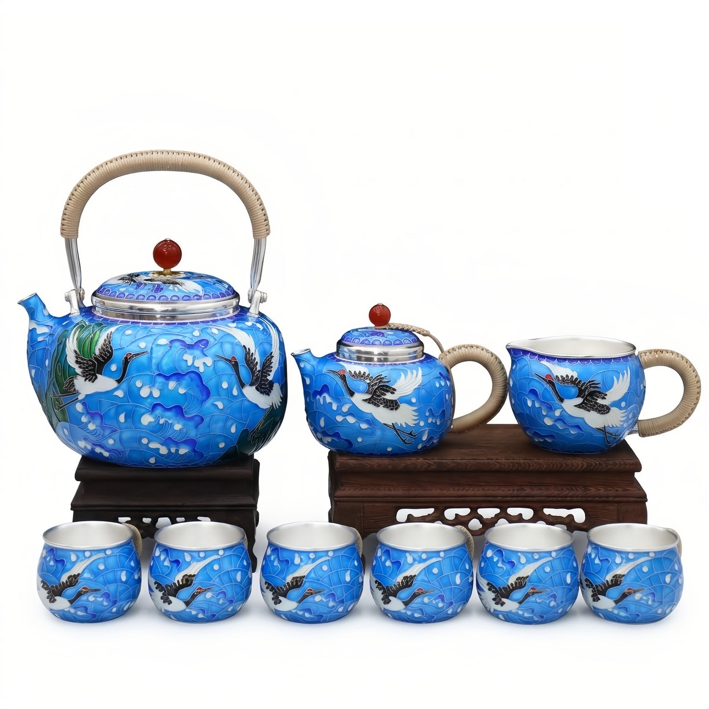 925 Sterling Silver Traditional Chinese Enamel Crane Tea Set with Bamboo Handles - Handicraft