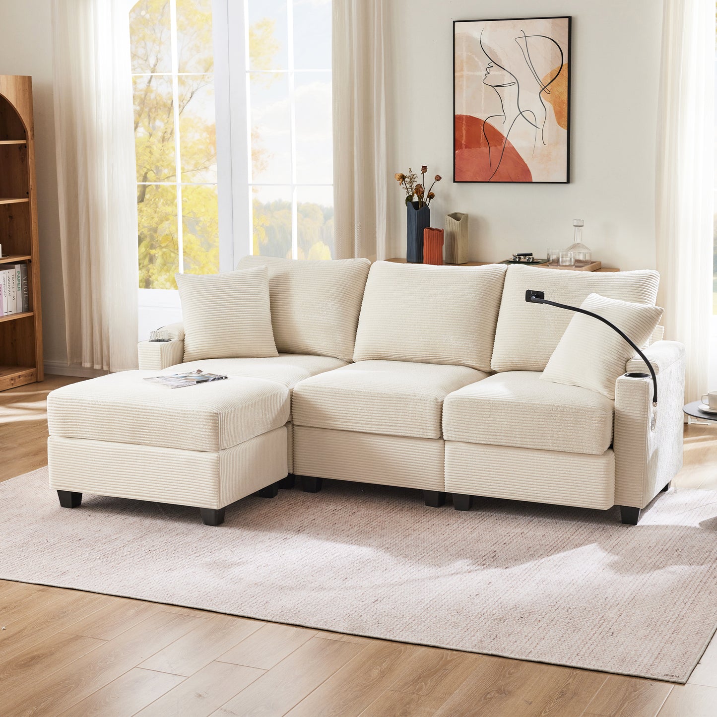 L-Shaped Corner Sofa, Convertible 3 Seater Sofa With Footstool, Cup Holder, USB Charger, Armrest Rest And 2 Cushions, Suitable For Living Room Office Apartment, Beige
