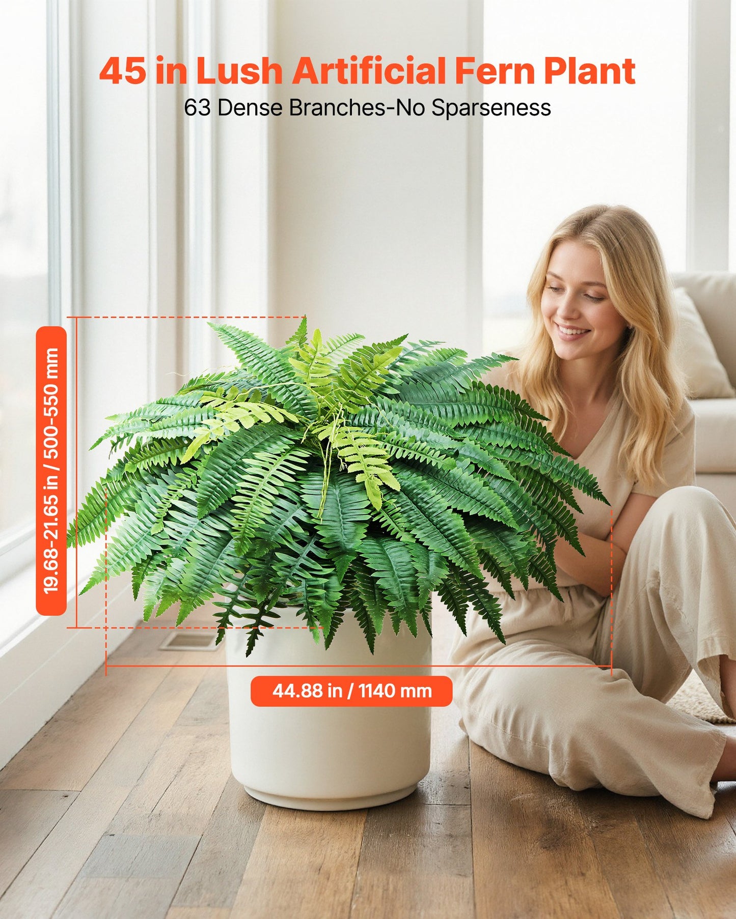 Artificial Ferns, 45 Inch Fake Boston Fern Bush Plant With 63 Fronds, Faux Greenery For Indoor/Outdoor Decor, Silk & LDPE, Suitable For Home Porch Garden Office Living Room Planter, Set Of 2