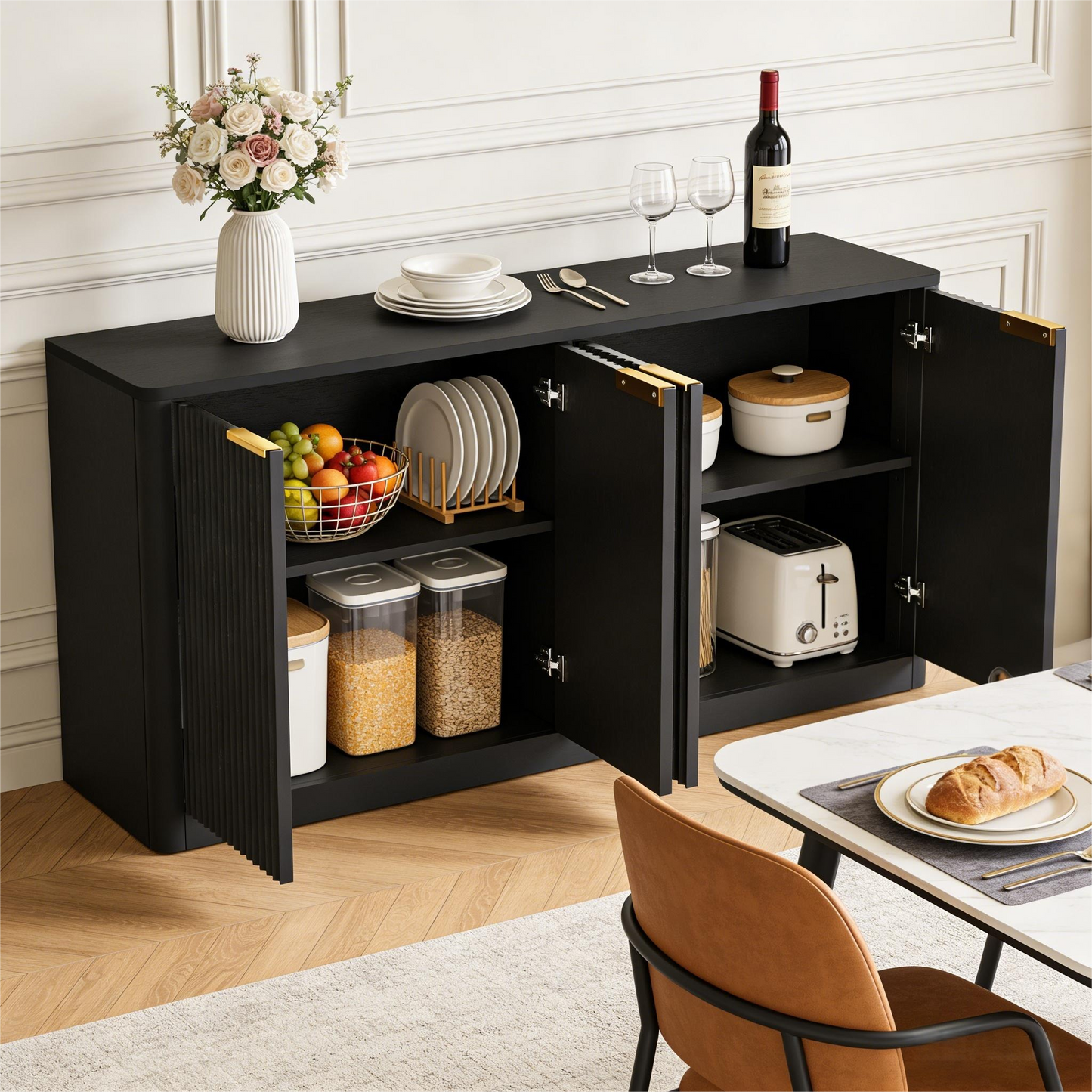 150cm Modern Sideboard With Wave Shape,Storage Cabinet With Curved Contour Design,4 Door Cabinet With Storage Function,Suitable For Kitchen Bedroom Living Room,Black,150x40x70.5cm